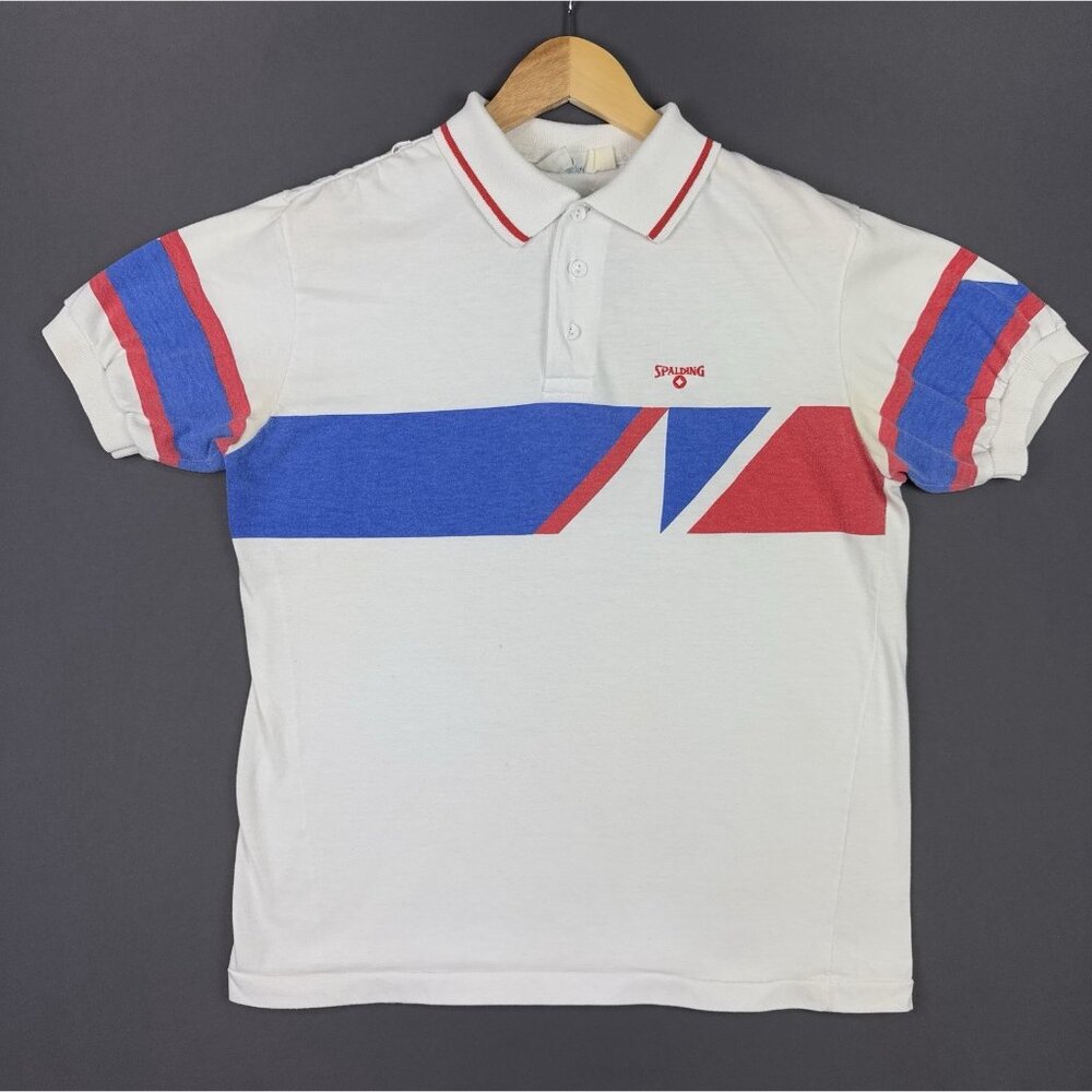 Vintage 90's Spalding Sports Polo Collared Shirt Rare Promo Blue Red White Tee
